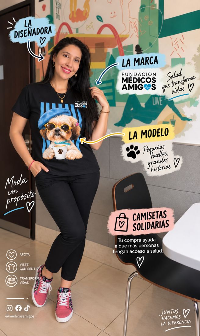 La diseñadora con la camiseta del perrito con café