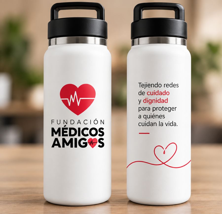 Termo blanco con el logo de Médicos Amigos