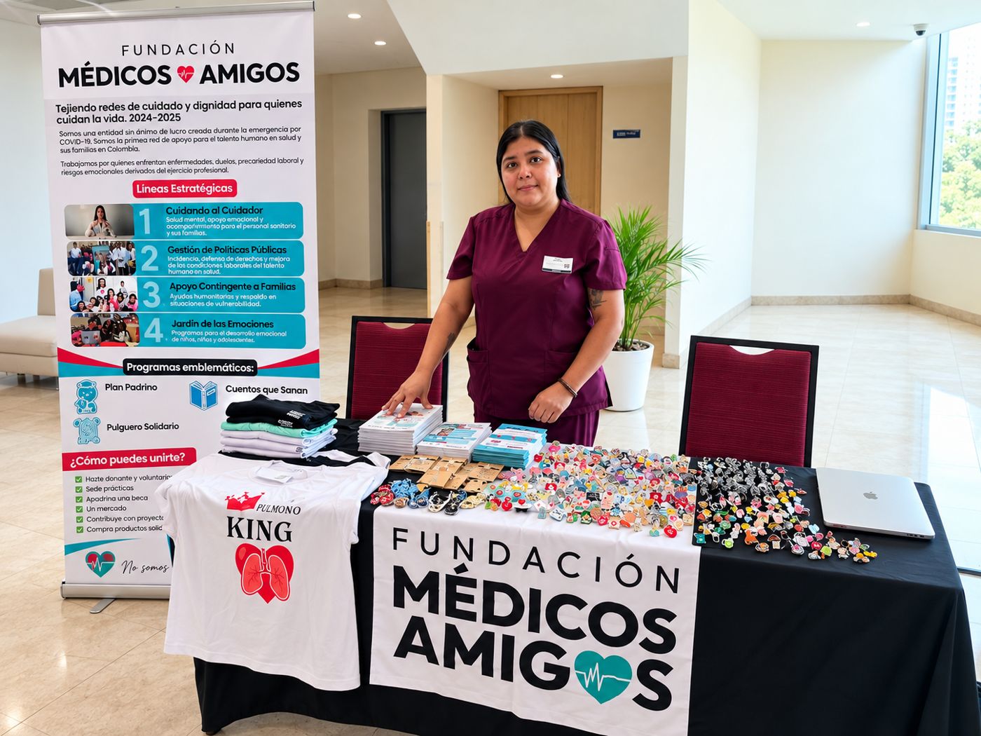 Stand de la Fundación Médicos Amigos con pines, camisetas y libros en un congreso médico